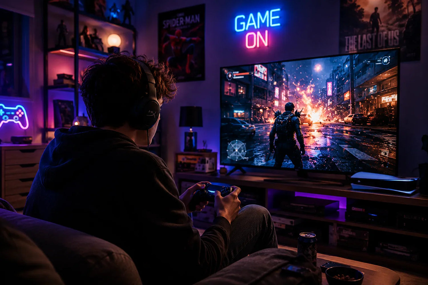 Gamer playing action game on TV with neon 'GAME ON' sign, gaming setup, and retro posters in cozy room