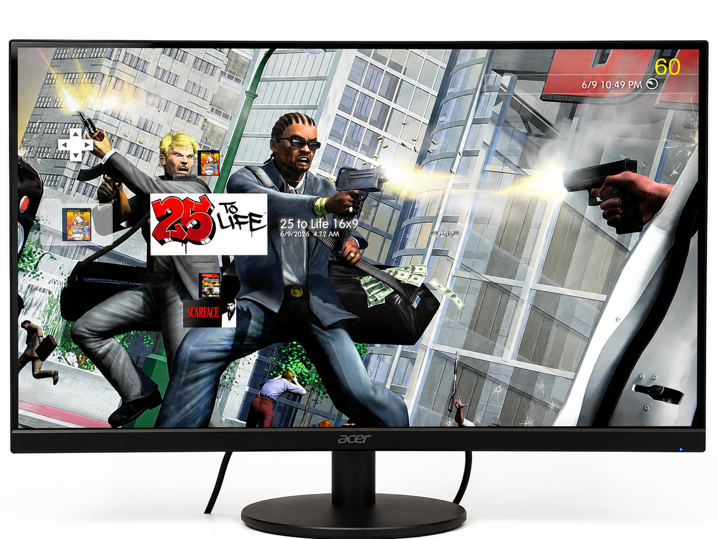 Acer gaming monitor displaying an intense city shooter game with gunfire.