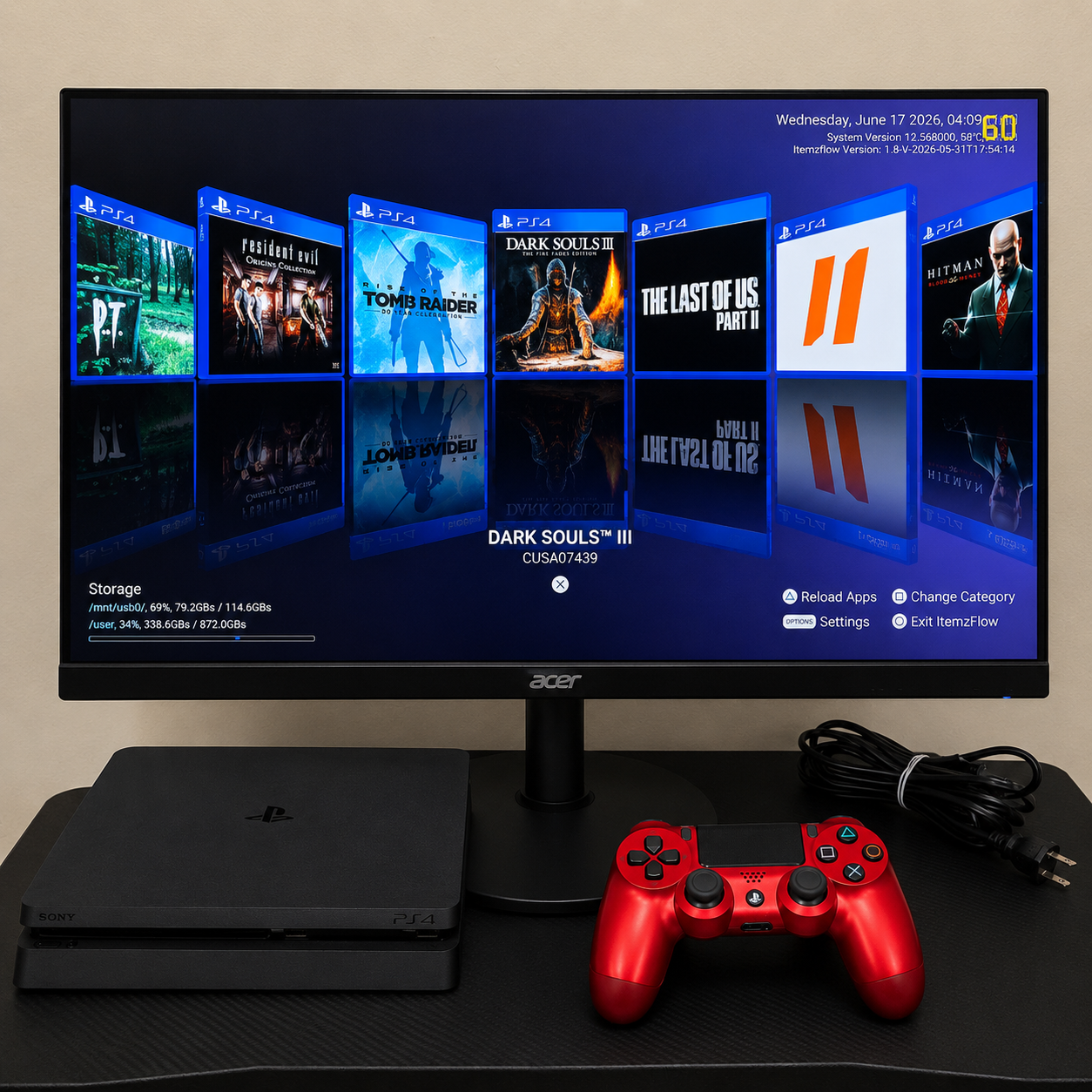 Sony PS4 Slim 1TB Open Store Edition + Red Controller + Cables | Loaded & Ready to Play by Rage Gaming